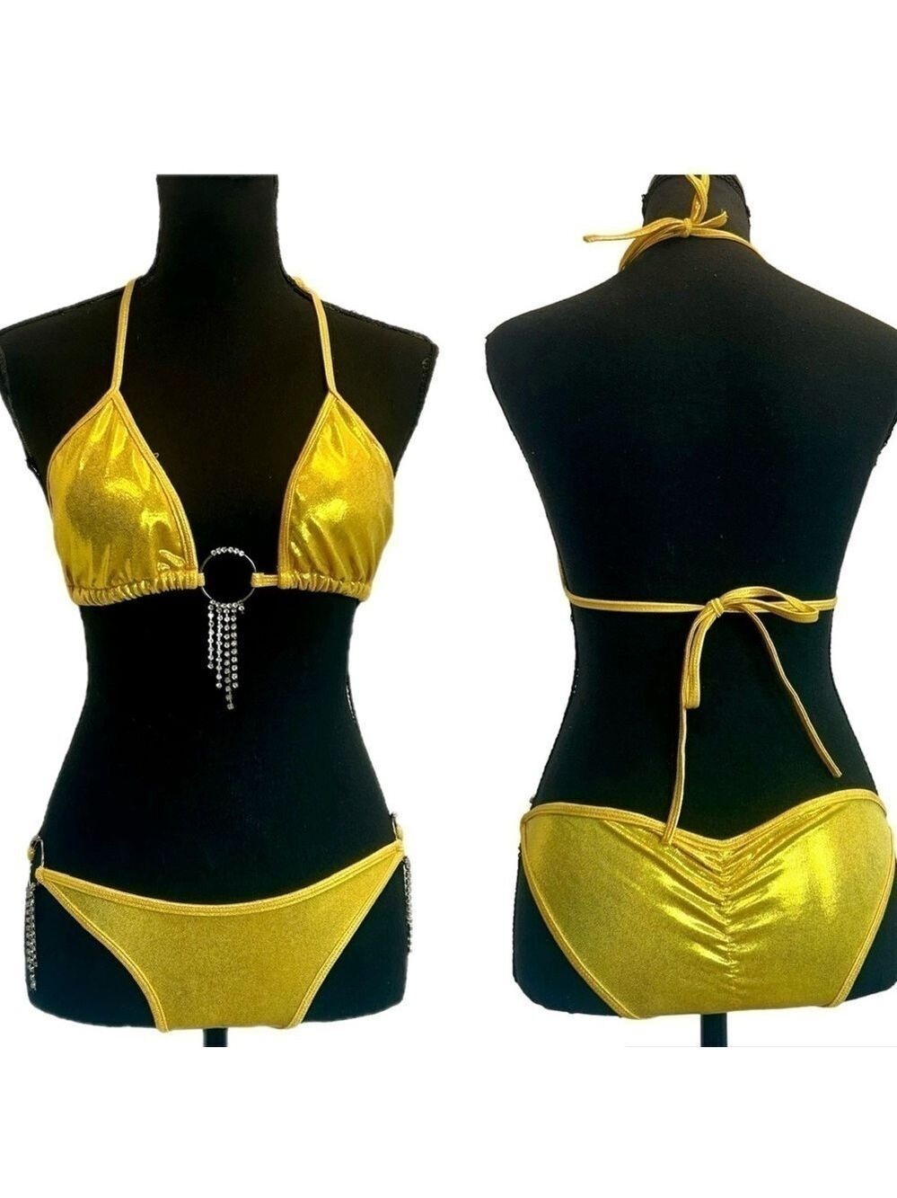 Metallic yellow gold scrunched puckered bum two-piece swimsuit bikini Sz S/M
